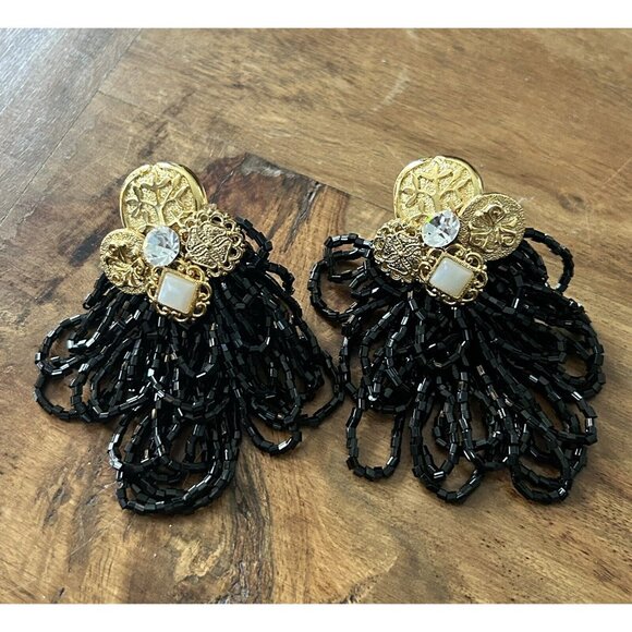 Vintage Black Beaded & Gold Clip Earrings Dangle statement waterfall Drop 80s - Picture 1 of 5